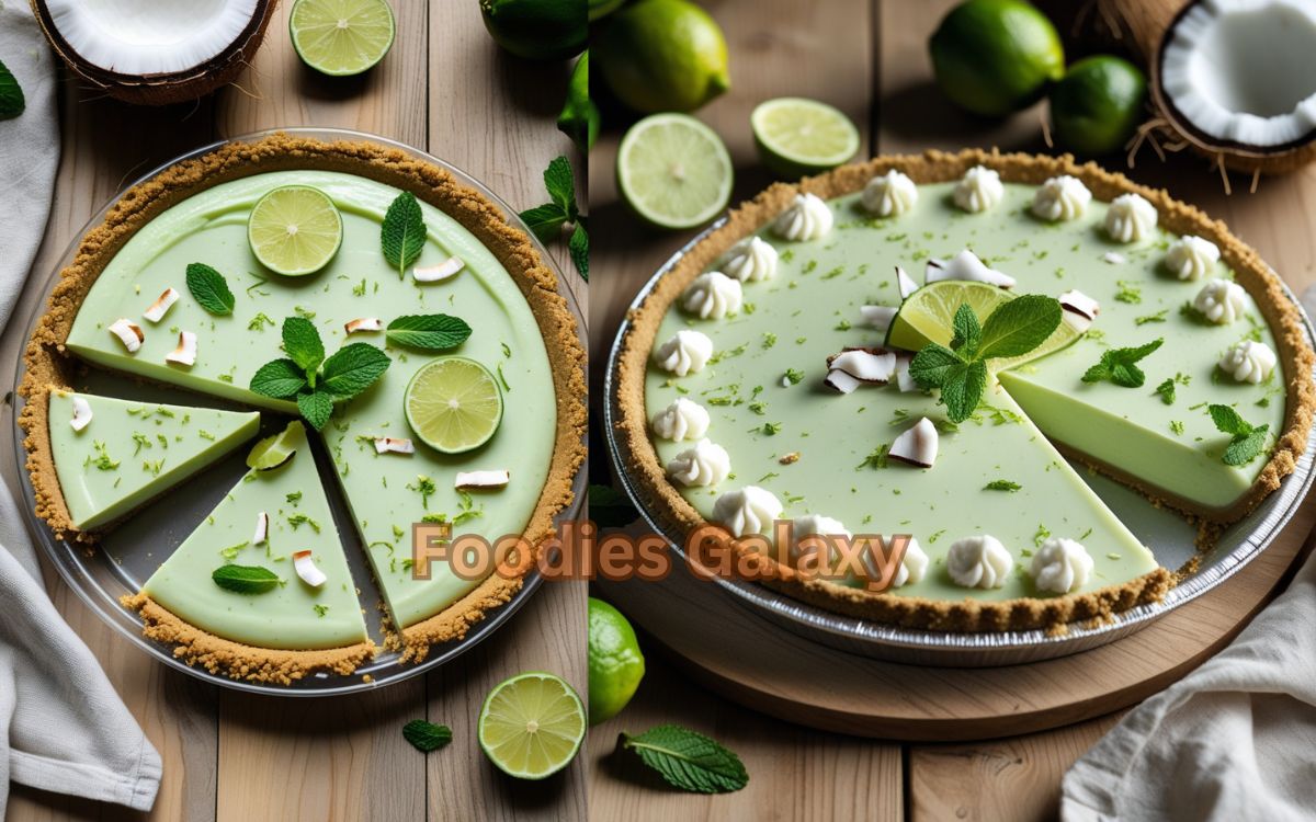 A slice of vegan key lime pie with creamy lime filling and cashew-coconut crust, topped with lime zest and coconut flakes, served on a rustic plate with whole limes in the background.